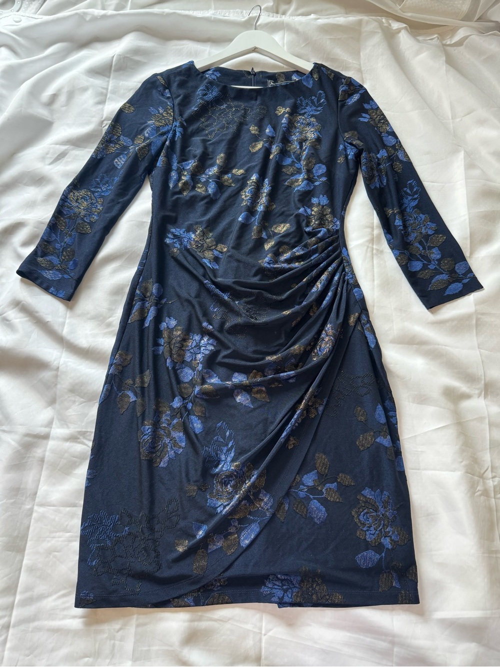 Jessica Howard Navy and Gold Floral Ruched Midi Dress